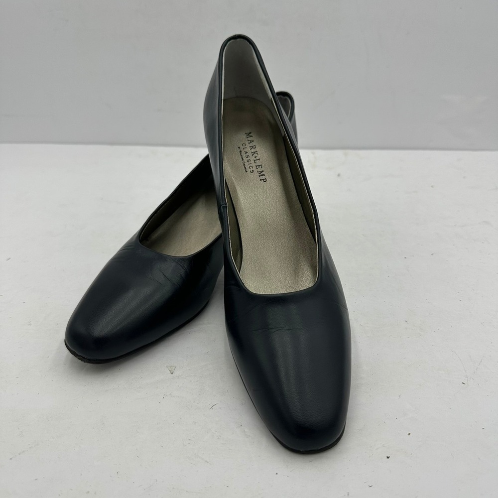 Mark Lemp Classics Womens Black Leather Low Block Heel Pumps Size 9S Old Money